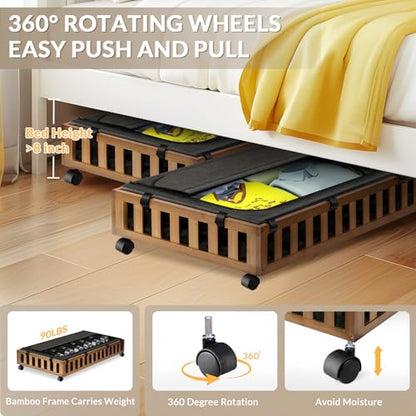 Gashell 2 Pack Bamboo Under Bed Storage with Wheels, 39”x20”x7.8” Lager Under Bed Storage Containers (Brown)