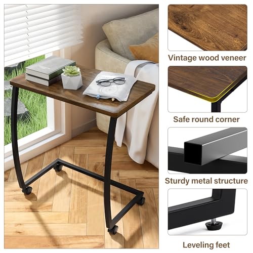SRIWATANA Dark Walnut C Shaped Side Table with Wheels, Wood End Sofa Table | C-Table with Lockable Wheels Slides Under Sofa, Sturdy Wood Bedside Laptop Desk for Coffee, Snacks, and Study Use - color: Dark Walnut W/ Caster
