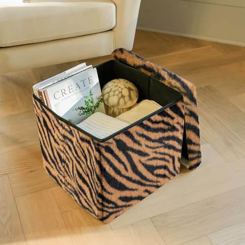 Luxe Faux Fur Storage Ottoman, Tiger Tan/White, 15 x 15 x 15 in | Engineered Wood, Tool-Free Assembly, Modern Style, Seat And Footrest - color: Tiger Tan/White, size: 15"D x 15"W x 15"H