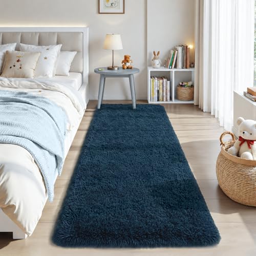 Zentavio Bedside Rugs for Boys Room 2x6 Runner Rugs for Hallway Bedroom Non Slip Fluffy Soft Shaggy Carpet for Kids Home Decor Aesthetic Dorm Nursery Navy Blue - color: Navy Blue, size: 2' x 6' (Runner)