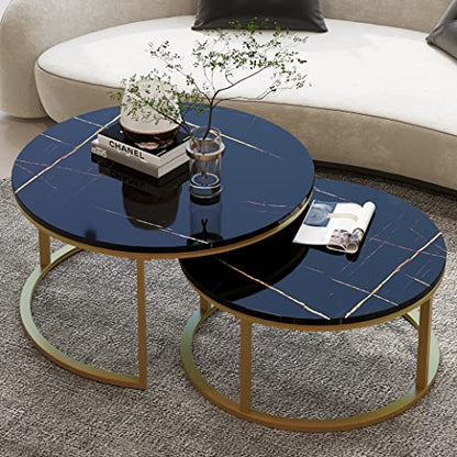 WiberWi Round Coffee Table Nesting Tables Set of 2, Large : Ø 34.0", Small : Ø 26.0", Modern Design Coffee Tables for Living Room, Gold Metal Frame Circle Cocktail Table, High Glossy Faux Black Marble - color: Black Faux Marble