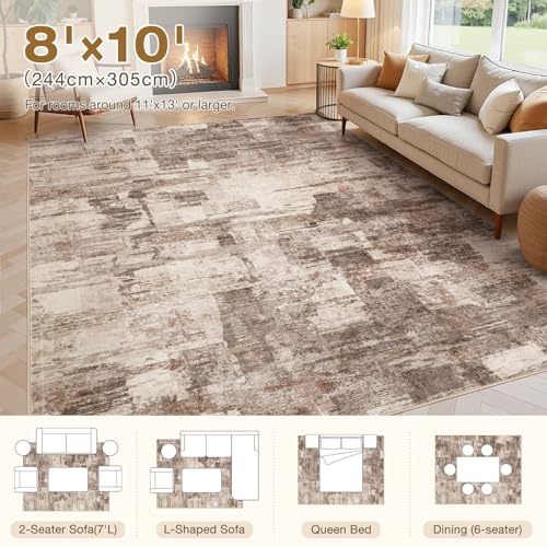 kakania Abstract 8x10 Area Rugs for Living Room: Washable Rugs Brown | Soft, Non-Slip, Low-Pile, Pet & Kid Friendly - Large Modern Home Decor Carpet for Bedroom/Dining Room/Office/Nursery - color: Brown, size: 8' x 10' (Rectangular)