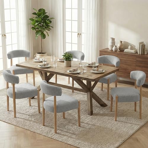 VKNOW Wooden Dining Chairs Set of 6 with Rubberwood Legs, Curved Backrest | Modern Upholstered Dining Chairs with Thickened Cushion, Soft Chenille Fabric, for Dining Room/Kitchen, Heathered Off-White - color: Heathered Off-white, size: Set of 6
