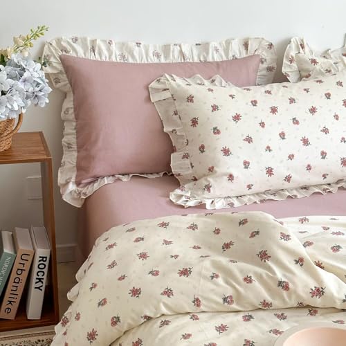 MKXI Twin Size Floral Duvet Cover Set - 3 Piece White Ruffled Bedding with Red Botanical Blooms, 100% Cotton Soft Comforter Cover & Pillowcases, Romantic Shabby Chic Aesthetic, Zipper Closure - color: 001 Ruffle- Red White Flowers, size: Twin
