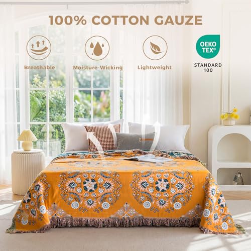 LUTBM Boho Throw Blanket for Bed 60"x80", 100% Cotton Yellow Couch Blankets | Reversible Floral Jacquard, Soft All-Season Twin Quilt, For Chair Sofa Living Room Decor, Lightweight Breathable, Women Gift - color: Boho-floral-a, size: 60"×80"