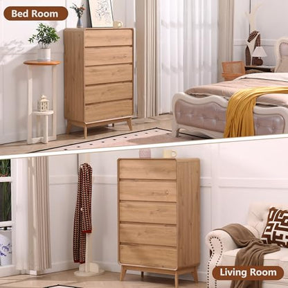 5 Drawers Tall Dresser, 50inch Mid Century Dresser, Nature | Kids Dresser, Tall Nightstand Storage Organizer for for Bedroom, Small Dresser Living Room, Console table for Entryway