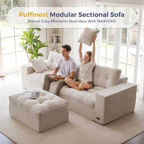 MAXYOYO Boneless Couch, 104-Inch L-Shaped Cloud Couch with Ottoman | Beige Upholstered Sofa Features Layered Cushions and Flexible Modules with No Assembly, Ideal for Modern Living Rooms. - color: Beige, size: 104" L Shape