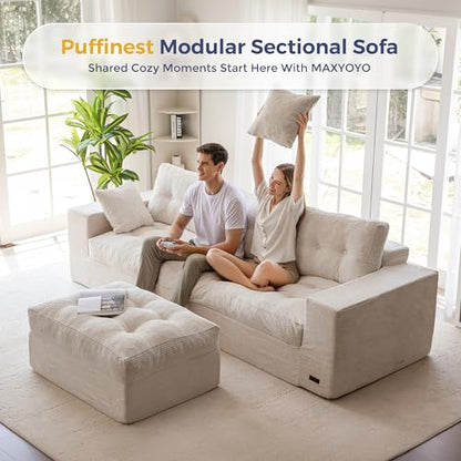 MAXYOYO Boneless Couch, 104-Inch L-Shaped Cloud Couch with Ottoman | Beige Upholstered Sofa Features Layered Cushions and Flexible Modules with No Assembly, Ideal for Modern Living Rooms. - color: Beige, size: 104" L Shape