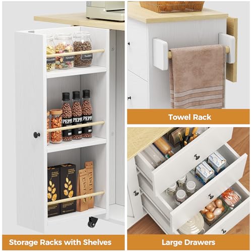 IRONCK Rolling Kitchen Island with Storage & Drop Leaf, 47.2" Kitchen Cart | with 3 Drawers, Spice Rack, Towel Rack, Storage Cabinet, Portable Mobile Island on Wheels, Black - color: White