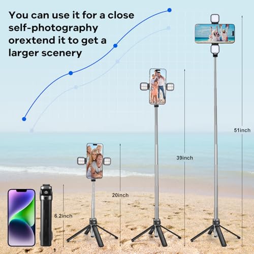 MQOUNY Mini iPhone Tripod Stand & Selfie Stick with Wireless Remote & Removable Light, Extendable Stand 360 Rotation Compatible with iPhone & Android Samsung (Black) - color: Black