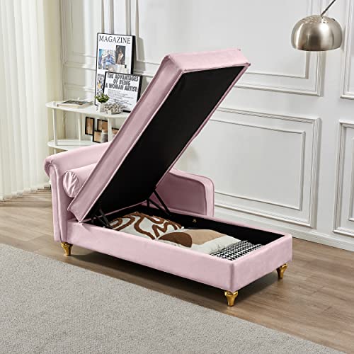 60.6" Modern Storage Chaise Lounge Indoor,Velvet Upholstery Sofa Chair with1 Toss Pillows,Upholstery Lounge Sofa with Gold Metal Legs for Small Apartment,Living Room,Office,Reception Area,Pink - color: Pink