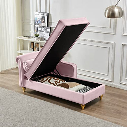 60.6" Modern Storage Chaise Lounge Indoor,Velvet Upholstery Sofa Chair with1 Toss Pillows,Upholstery Lounge Sofa with Gold Metal Legs for Small Apartment,Living Room,Office,Reception Area,Pink - color: Pink