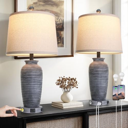 CINSARY 25" Retro Distressed Black Farmhouse Jar Table Lamps Set of 2, 3 Way Touch Control Rustic Bedside Lamps with USB A+C Ports & AC Outlet, Pot Nightstand Lamps for Bedroom Living Room - color: Distressed Black
