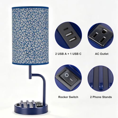 Dreamholder 2 Pack Table Lamp, Bedside Lamp with 3 USB Charging Ports & AC Outlet, USB Desk Lamp with 2 Phone Holders, Linen Fabric Shade Nightstand Lamps for Bedroom Living Room Office, Blue - color: Blue
