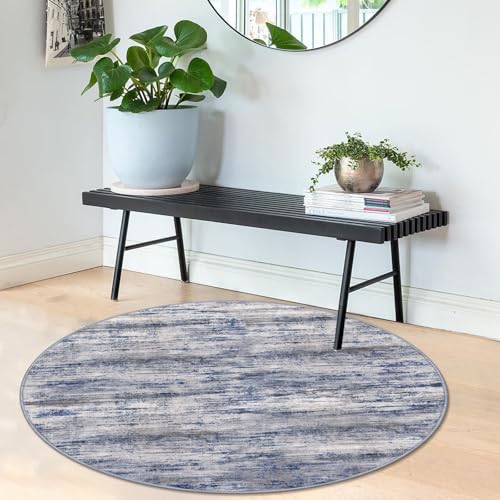KOZYFLY Modern Abstract Circle Rug 3Ft, Washable Kitchen Round Rug Non-Slip Soft Small Bathroom Rug, Grey-Blue Striped Entryway Rugs Faux Wool Doormat for Bedside Entrance Bedroom Sink - color: Blue-grey, size: 3' (Round)