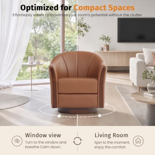 360° Swivel Accent Chair, Faux Leather Swivel Barrel Chairs | Nailhead Trim & Wood Base, Round Armchair Club Chair, Modern Reading Chairs for Living Room (BX01, Wood Brown) - color: Wood Brown