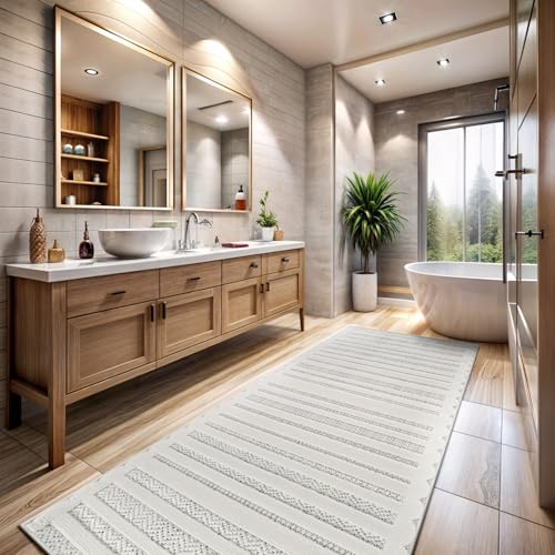 Modern Runner Rug 2x7 Luxury Striped Line Micro Loop Hallway Rugs Soft High-Low Pile Stain Resistant Easy to Clean Non-Shedding Durable Entryway Kitchen Indoor Area Carpet (White) - color: Linear / White, size: 2' x 7' (Rectangular)