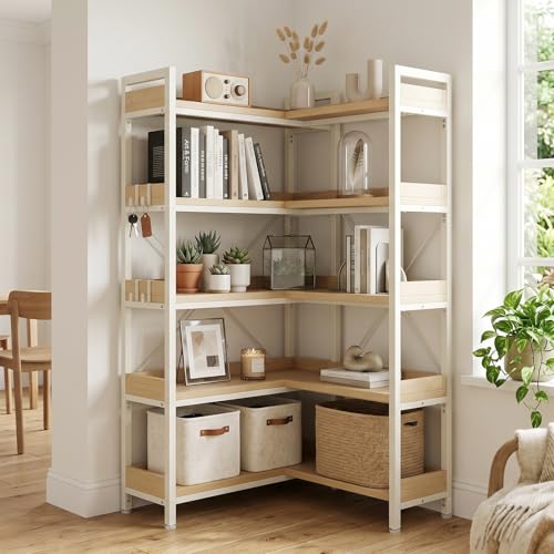 GTPLAYER 5-Tier Corner Bookshelf, L-Shaped Metal Frame Shelf with Tall 14" Shelves, Plant Stand and Storage Rack for Small Spaces, Living Room and Home Office, Light Oak - color: Light Oak, size: 5 Tier