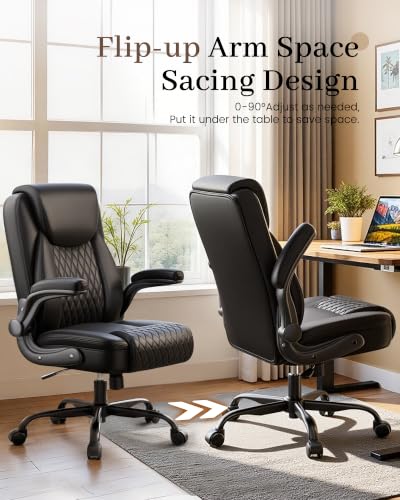 COMHOMA Mid-Back Office Chair, Ergonomic PU Desk Chair with Flip up Arms, Small Computer Gaming with Comfy Lumbar Support,Rocking Function,Sturdy Metal Base, Black - color: Black