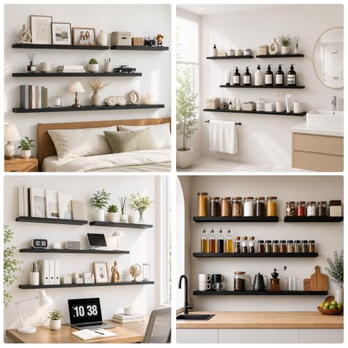 RICHER HOUSE 55 Inch Long Floating Shelves, 12 Inch Deep Black Wall Shelf | Wide Wall Shelves for Bedroom Kitchen Bathroom Wall Mounted Shelves, Rustic Wooden Bookshelf with Invisible Bracket, 2 Pack - color: Black, size: 55in