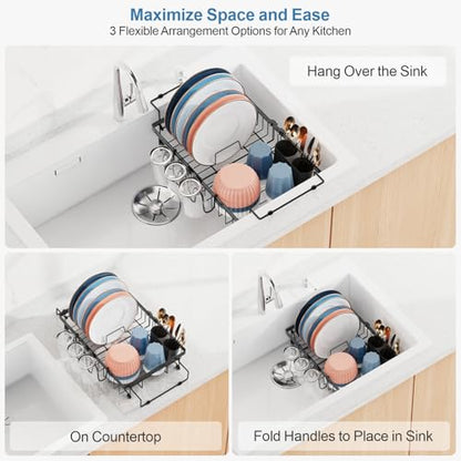 Dish Drying Rack Over the Sink - Expandable Drainer with Cup Holder | Twist-Lock Adjustment, Removable Utensil Holder, Handles with Non-Slip Beads, Rust-Resistant, Space-Saving for Kitchen