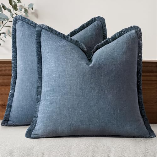 MIULEE Boho Linen Fringe Decorative Throw Pillow Covers Blue Ashes 18x18 | Set of 2, Cottagecore Decor, Boho Farmhouse Coastal Pillow Covers, Rustic Couch Cushion Cases for Sofa Bed Living Room - color: Blue Ashes, size: 18" x 18" (Pack of 2)