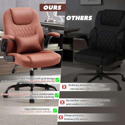 Leather Office Chair Swivel Lumbar Support for Short People Brown | Executive Office Chair PU,Leather Office Chair with Wheels,360° Swivel Rolling Chair with Padded Arm,Ergonomic Computer Chair - color: Brown