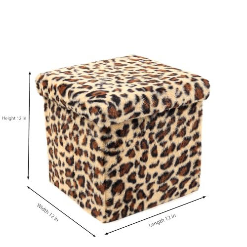 Luxe Faux Fur Storage Ottoman, Leopard, 12 x 12 x 12 in | Engineered Wood, Tool-Free Assembly, Modern Style, Seat And Footrest - color: Leopard, size: 12"D x 12"W x 12"H