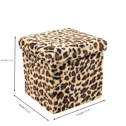 Luxe Faux Fur Storage Ottoman, Leopard, 12 x 12 x 12 in | Engineered Wood, Tool-Free Assembly, Modern Style, Seat And Footrest - color: Leopard, size: 12"D x 12"W x 12"H