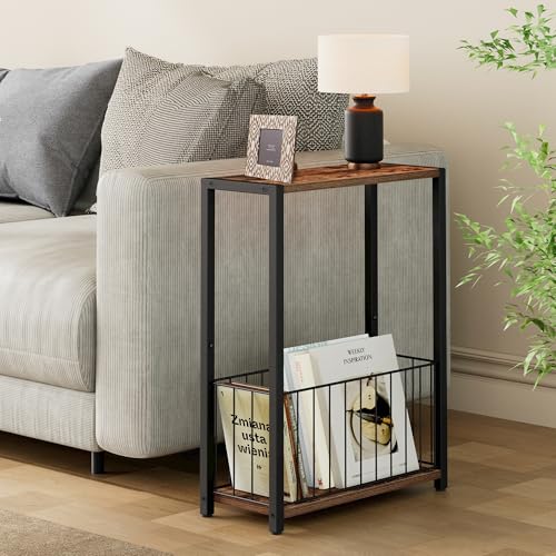 Homleke Narrow Side Table with Magazine Holder, Skinny End Table | Space-Saving Design, Small Spaces, Storage Shelf, Metal Frame, Easy Assembly, 7.1" D x 16.9" W x 23.6" H, Rustic Brown - color: Rustic Brown - Standard