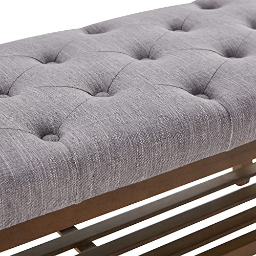 HUIMO Upholstered Entryway Shoe Bench, Button Tufted End of Bed Bench, Grey | with Solid Wood Slatted Shelf, Padded Ottoman Bench for Bedroom, Living Room, Entryway - color: Grey, style: French Country