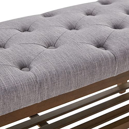 HUIMO Upholstered Entryway Shoe Bench, Button Tufted End of Bed Bench, Grey | with Solid Wood Slatted Shelf, Padded Ottoman Bench for Bedroom, Living Room, Entryway - color: Grey, style: French Country