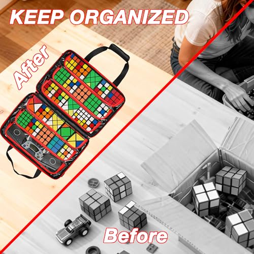 Speed Cube Case Holds 30+ Cubes and Timer with Shoulder Strap | Puzzle Cube Storage Bag with 6 Clear PVC Pockets, Front Organizer, D-Ring, Handles and Detachable Shoulder Strap, Black