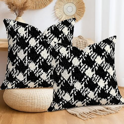 Houndstooth Throw Pillow Covers Set of 2, Modern Contemporary Geometric Abstract None Black Soft Velvet Washable Accents Pillows Cases for Living Room Bed Office Sofa Chair Decor 28x28 Inch - size: 28" x 28" (Pack of 2)
