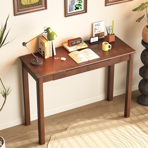 100% Solid Wooden Desk with Drawers - 39 x 16 Inch Mid Century Narrow Desk, Vintage Writing Desks with Drawers, Simple Work Study Table, Small Desks for Small Spaces, Walnut Color - size: 39.4 in W x 15.7 in D
