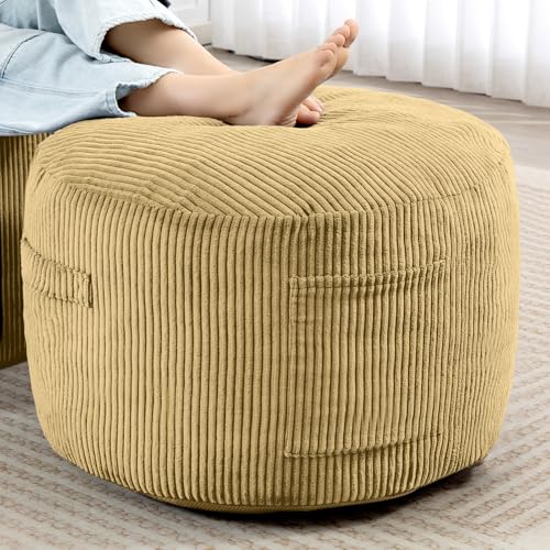 Round Stuffed Pouf Ottoman (Yellow, 26" D x 26" W x 18" H) | Corduroy Foot Rest with Rebound Foam Filling, Furry and Fluffy Foot Stool Ottoman, Floor Poufs for Living Room - color: Yellow, size: 26"D x 26"W x 18"H