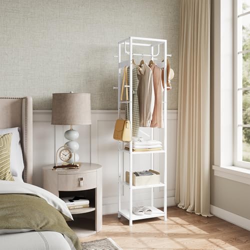 ELYKEN Coat Rack Freestanding, Hall Tree with 3 Shelves and 12 Hooks, White | Industrial Metal Frame, Space-Saving Design, Clothes Rack Stand Organizer for Bedroom, Hallway, Entryway, Office, Living Room - color: White