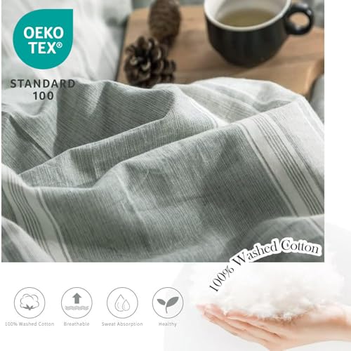 BISELINA Striped Duvet Cover Set 3pcs 100% Washed Cotton Linen Like Textured with Bowknot Bow Ties Strap Reversible Breathable Soft Comfy Chic Yarn Dyed Bedding (King, Grayish Green) - color: Grayish Green, size: King