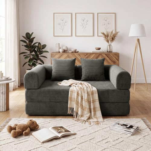 53.15'' Convertible Compressed Corduroy Folding Cloud Sofa Bed, Modern Boneless Pull Out Loveseat Sleeper in a Box, 4 in 1 Floor Mattress Futon Fluffy Couch, No Assembly Needed, Grey, Pillows, Full - color: Gy, size: 53.15''