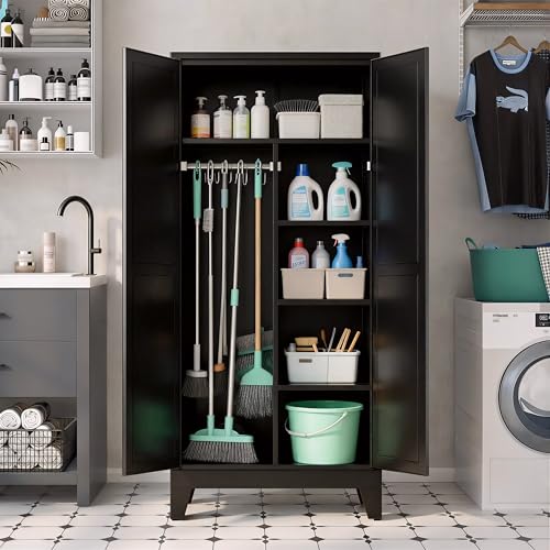 71" H Tall Pantry Cabinet with Doors,Kitchen Pantry Cabinet,Black Metal Storage Cabinets,Garage Storage Cabinet,Food Storage Cabinet with Doors and Shelves - color: Black, size: 71”H-4 shelves