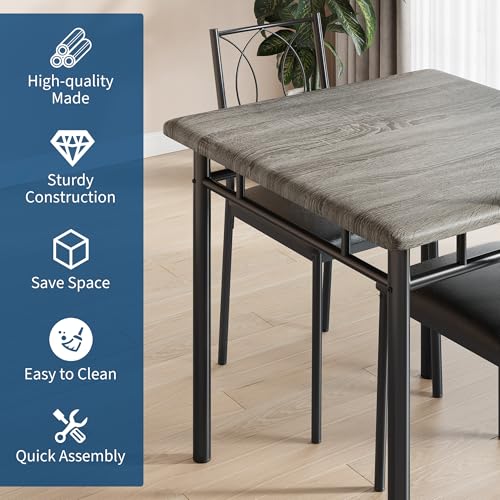 Space-Saving Dining Table Set for 2 – 3-Piece Farmhouse Wood Table & | Upholstered Chairs – Modern Compact Dining Furniture for Apartments & Breakfast Nooks – Grey - color: Grey