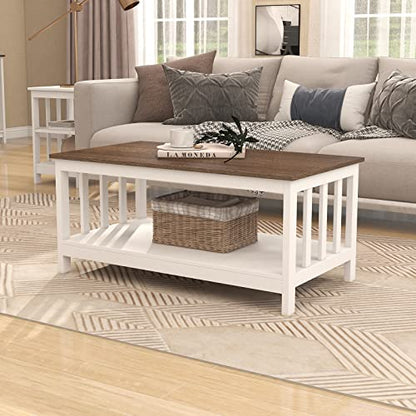 ChooChoo Farmhouse Coffee Table, White Living Room Table with Shelf, 40 Inch - color: White, size: 22"D x 39.9"W x 18.1"H