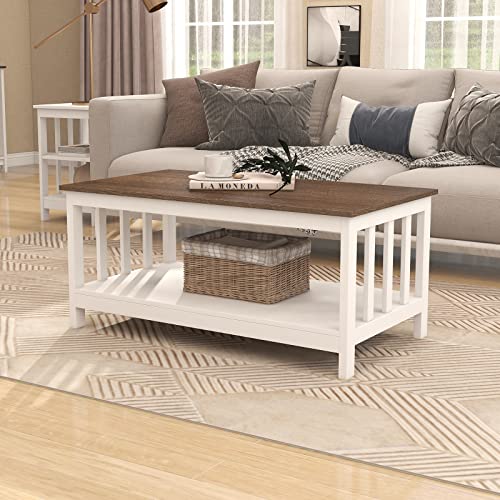 ChooChoo Farmhouse Coffee Table, White Living Room Table with Shelf, 40 Inch - color: White, size: 22"D x 39.9"W x 18.1"H
