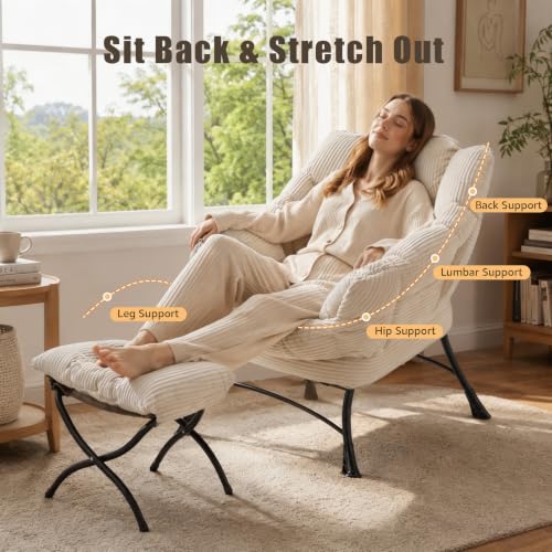 Lazy Chair with Ottoman, Modern Skinny Lounge Chair with Footrest | Foldable Footrest, Padded & Backrest with Side Pocket, Comfy Accent Reading Chair for Living Room & Small Spaces, White - color: White