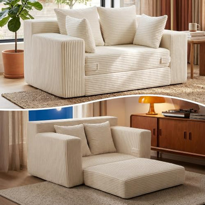 Boneless Mini Couch 53 Inch, 3 -in-1 Beige Boneless Couches Covertible Sofa Bed with 4 Pillows, Small Couches for Living Room, Bedroom, Small Space - color: Beige, size: 53 Inch