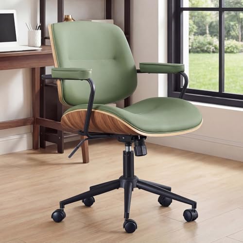 Mid Century Modern Office Chair with Armrest and Adjustable Backrest, Green | Wooden frame with armrests & adjustable backrest, swivel & height-adjustable, PU leather seat for home office comfort - color: Green