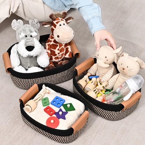 Storage Baskets for Organizing, Small Woven Basket Set of 6-4 Shelf Basket with Leather Handle and 2 Small Gift Baskets, Cotton Rope Basket for Shelves, Nursery, Dog Toy, Bathroom - color: Black & Brown