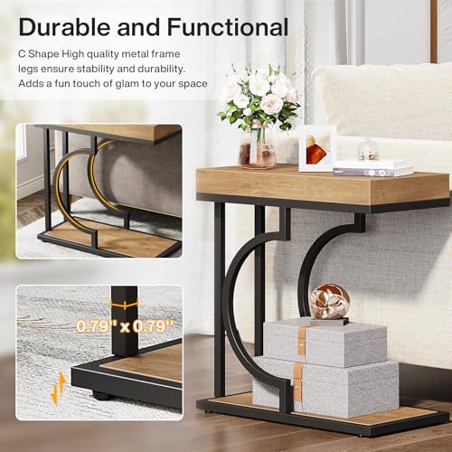 Tribesigns Narrow Side Table C Shaped End Table Modern Bedside Tables for Couch, Small Sofa Chairside Tables with Metal Frame for Living Room (2, Natural+Black) - color: Natural+black