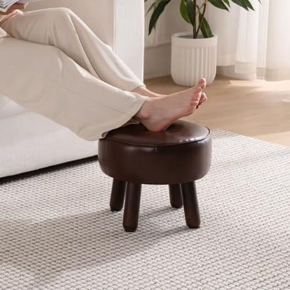 Small 13" Foot Stool Ottoman, Round Pouf Foot Rest, Faux Leather Footstool | Small Foot Stool with Rubber Legs Under Desk, Footrest for Couch, Living Room Bedroom Office, 13''L x 13''W x 10.2''H, Coffee - color: Coffee
