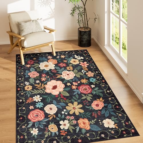 DUKINO 3x5 Area Rug, Floral Washable Rug for Bedroom Non Slip, Black | Soft, Stain Resistant Low Pile Indoor Rug for Entryway, Bedroom, Bathroom, Living Room, Pet Friendly, Home Decor, Lightweight - color: Black, size: 3' x 5' (Rectangular)